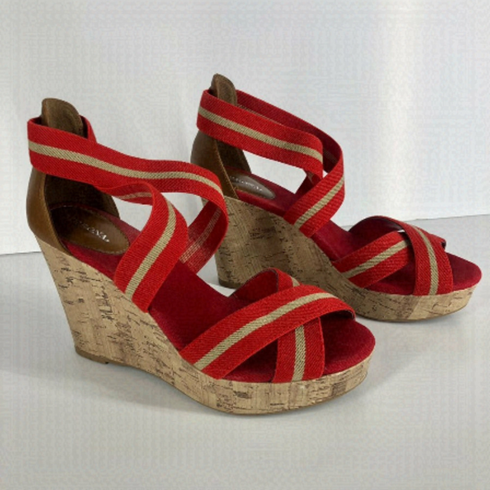 Merona Red Tan Stripe Elastic Straps Cork Wedge Summer‎ Sandals Sz 8.5